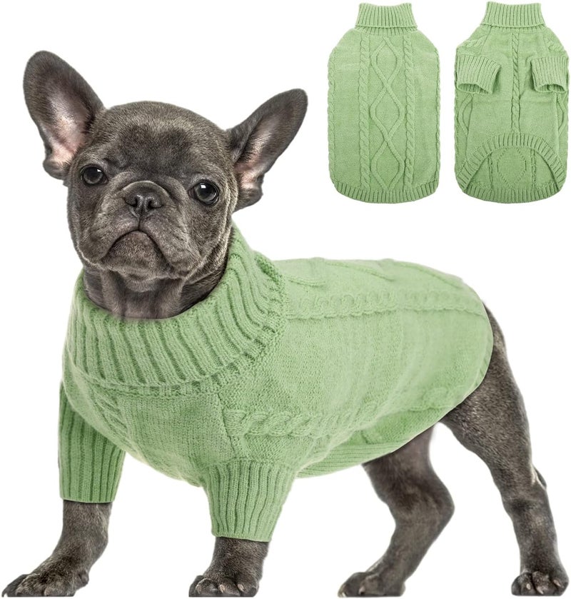 Queenmore Small Dog Pullover Sweater, Cold Weather Cable Knitwear, Classic Turtleneck Thick Warm Clothes for Chihuahua, Bulldog, Dachshund, Pug, Yorkie (Green, X-Large) - Image 1